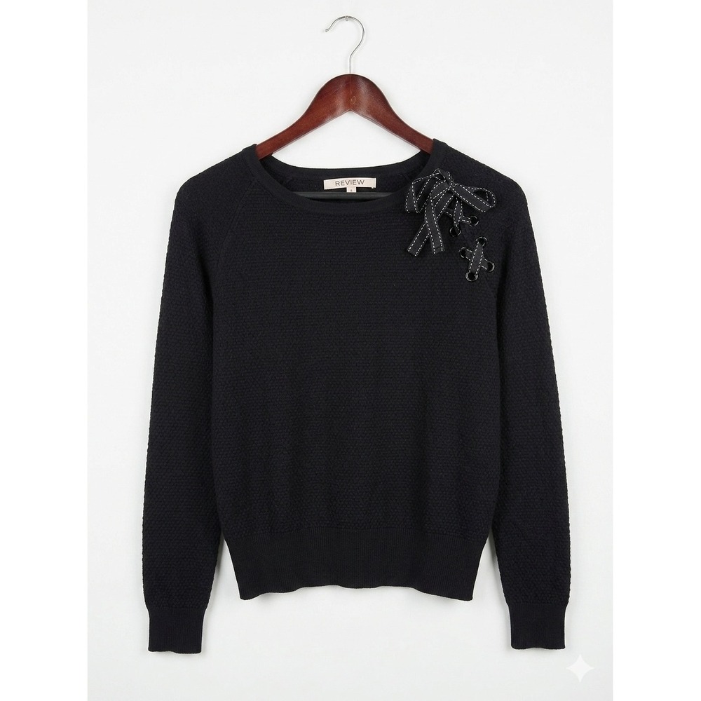 Review Australia Womens Sweater Size 14 Black Lace Up Shoulder Bow Pullover